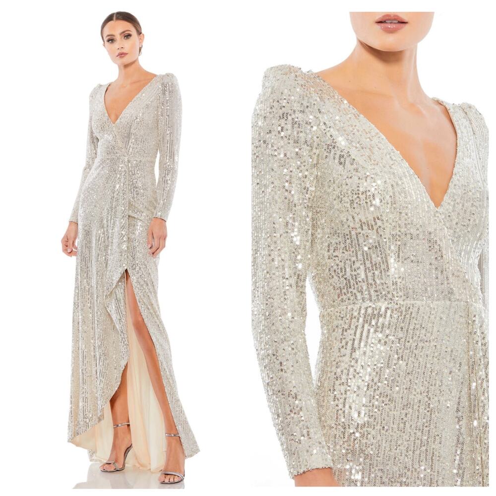 Mac Duggal Silver Sequin Wrap Evening Gown Size 10 $398 26395